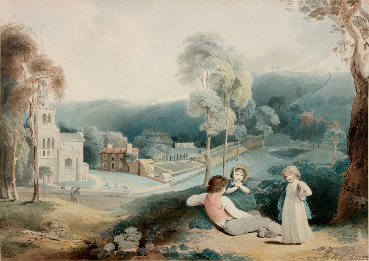 Gyermekek tájképen templommal (testszín) alkotó: Henry James Richter