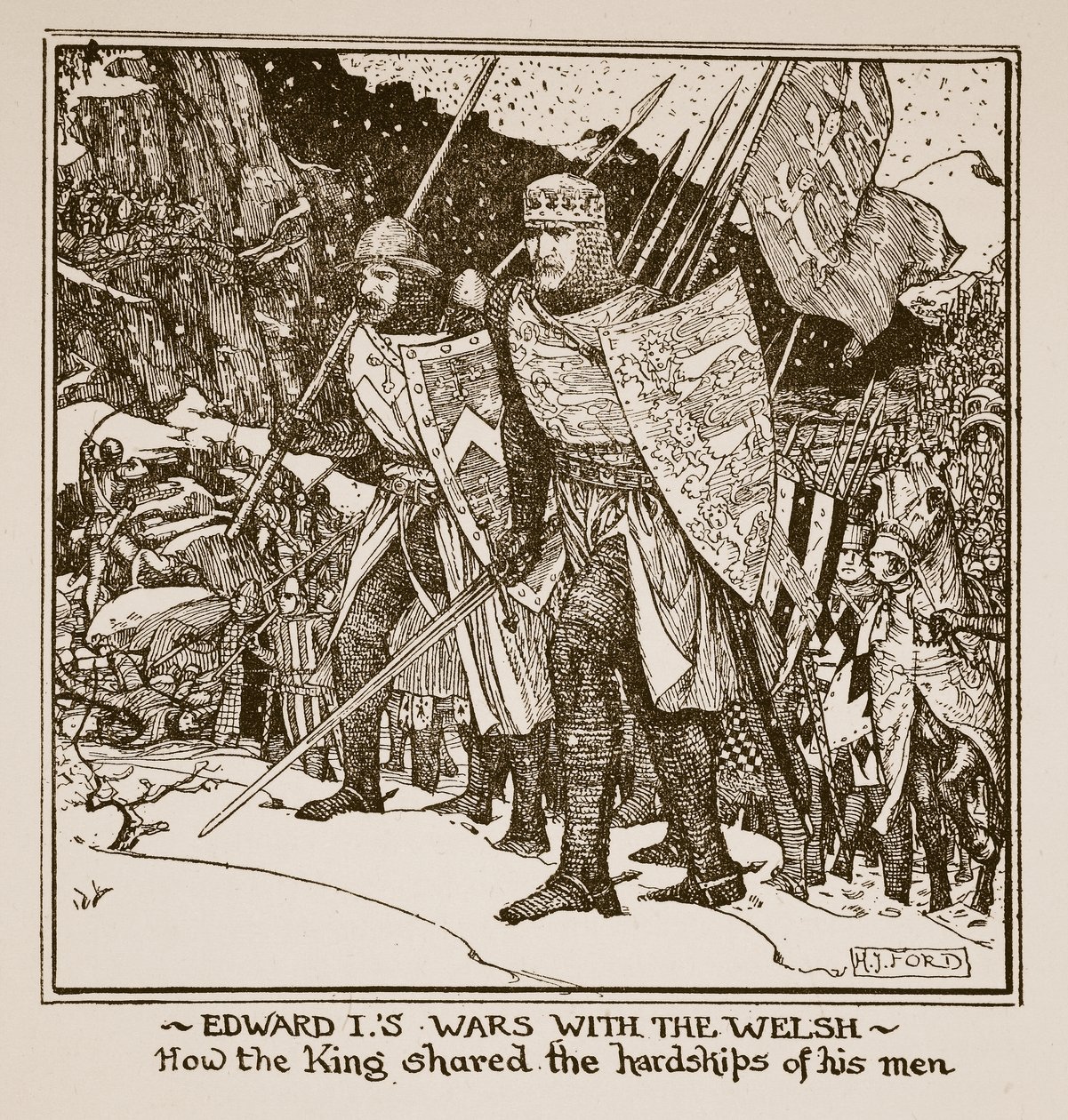I. Edward háborúi a walesekkel – hogyan osztotta meg a király emberei nehézségeit, illusztrációja C.R.L. „Anglia története” című könyvéből. Fletcher és Rudyard Kipling, 1911 alkotó: Henry Justice Ford