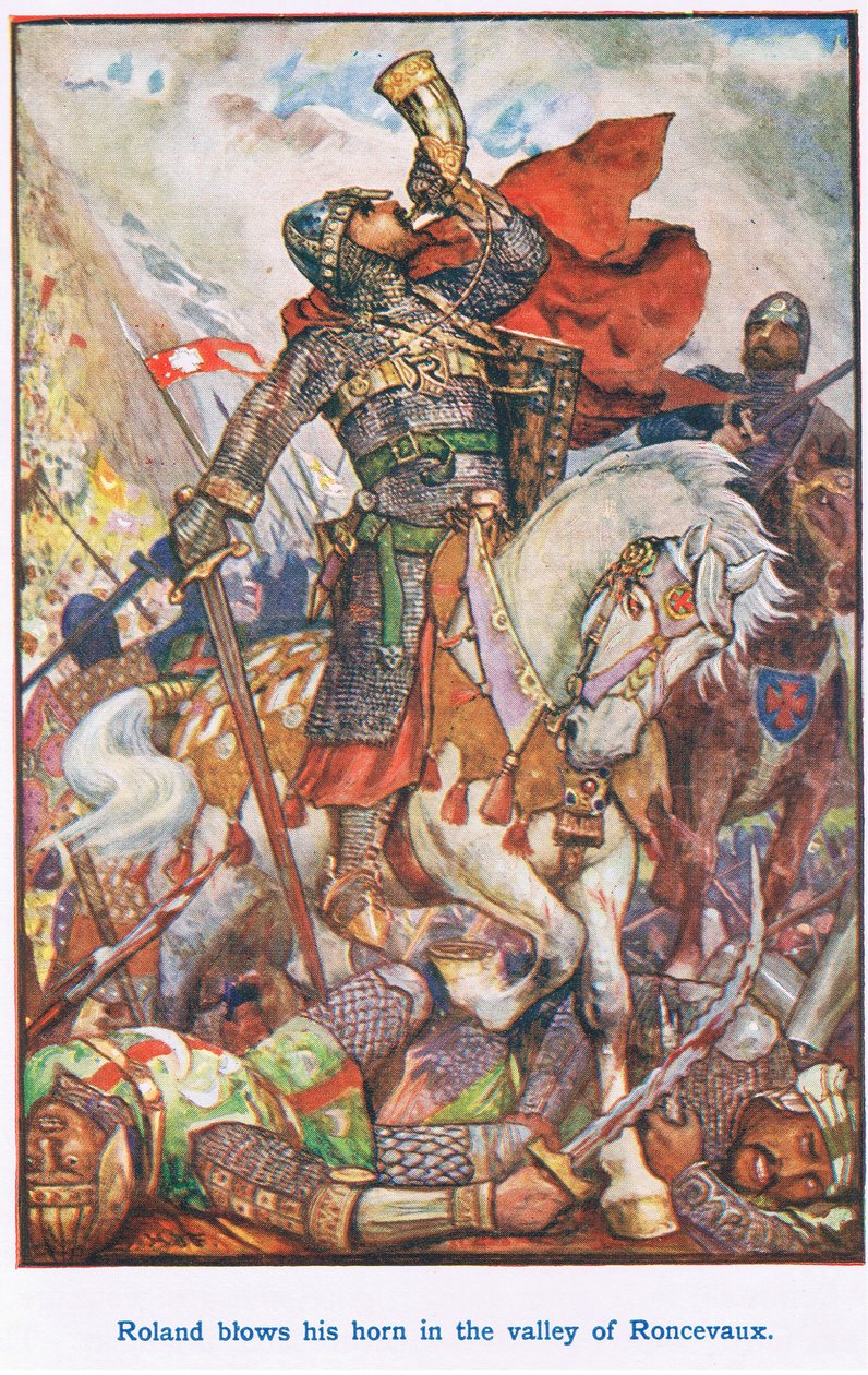 Roland megfújja a kürtjét Roncevaux völgyében alkotó: Henry Justice Ford