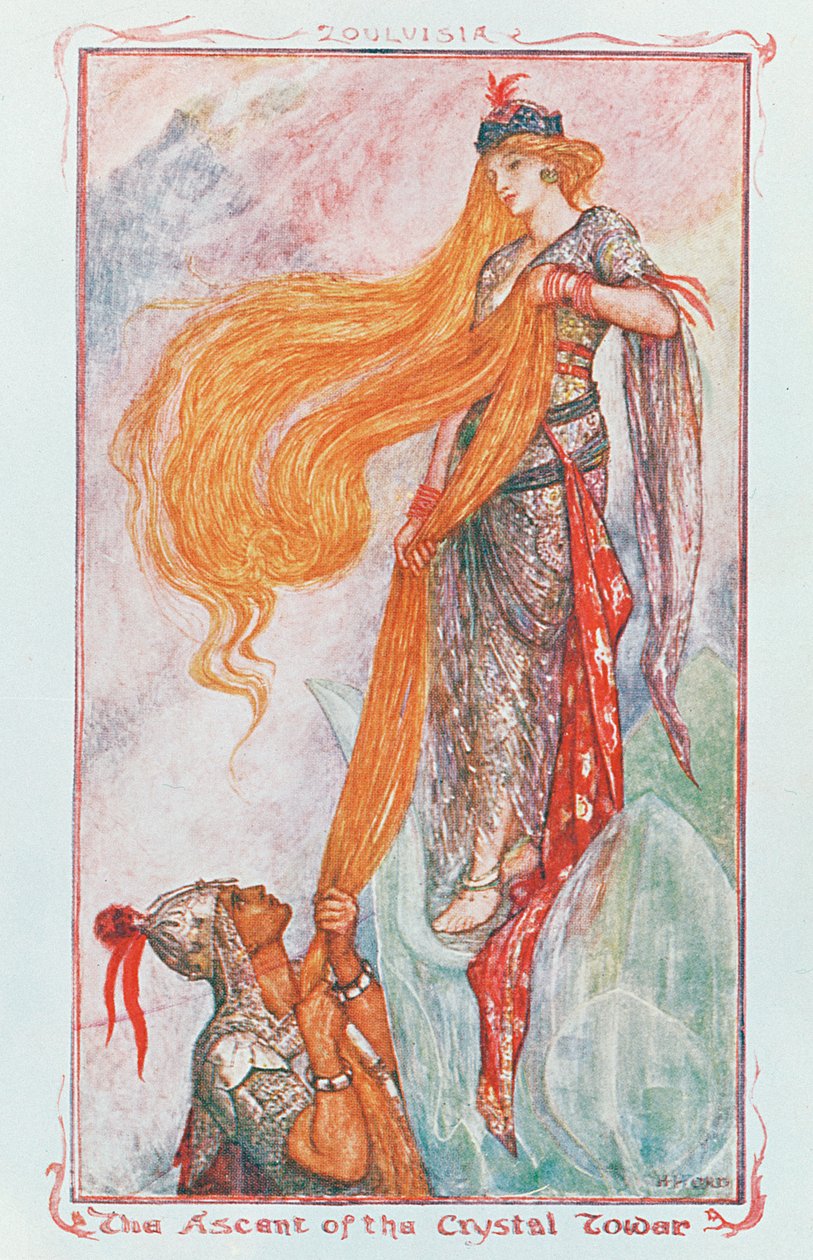 The Ascent of the Crystal Tower, illusztráció a „Zouluisia”-hoz Andrew Lang egyik színes Tündérkönyvéből, XX. század eleje alkotó: Henry Justice Ford