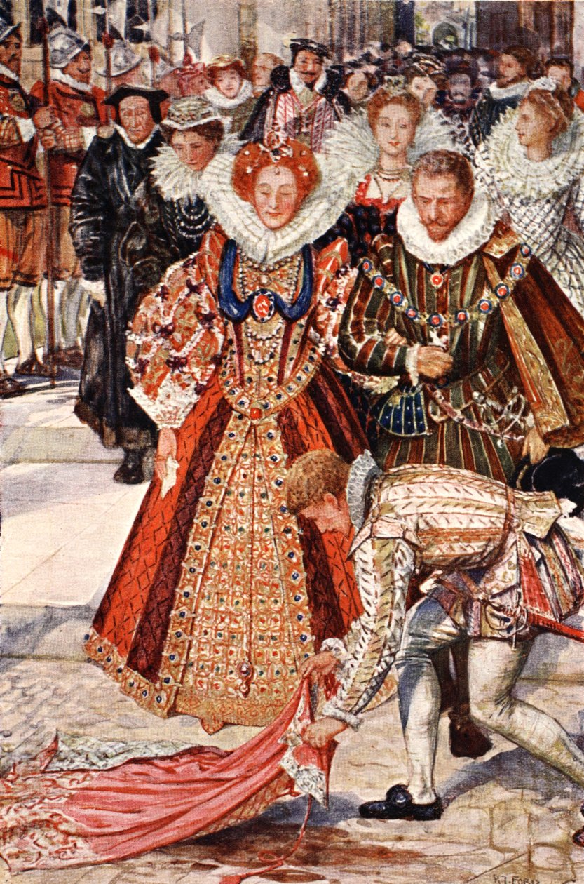 Walter Raleigh ledobja köpenyét Erzsébet királynőnek, illusztrációja Sir Walter Scott „Kenilworth” című könyvéből, 1912. alkotó: Henry Justice Ford