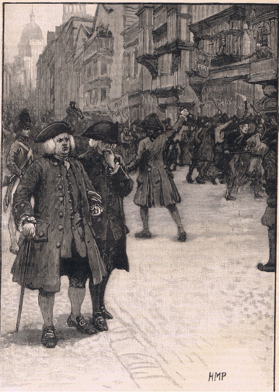 Dr. Johnson az 1780-as "No Poery Riots" helyszínén. alkotó: Henry Marriott Paget