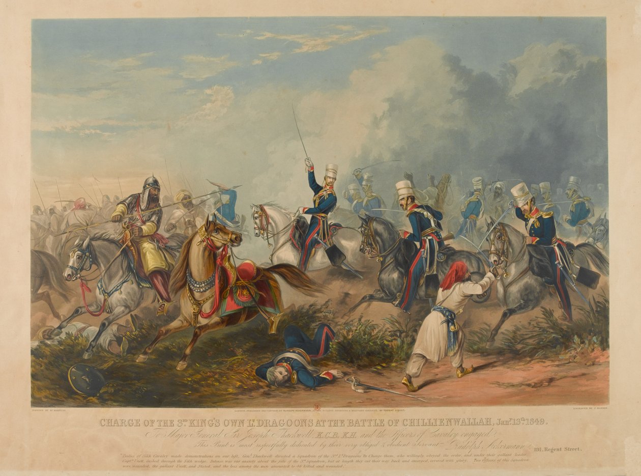 A 3. királyi könnyű dragonyosok támadása a chillianwalai csatában, 1849. január 13-án, metszet: J. Harris, 1849 (színes aquatinta) alkotó: Henry Martens