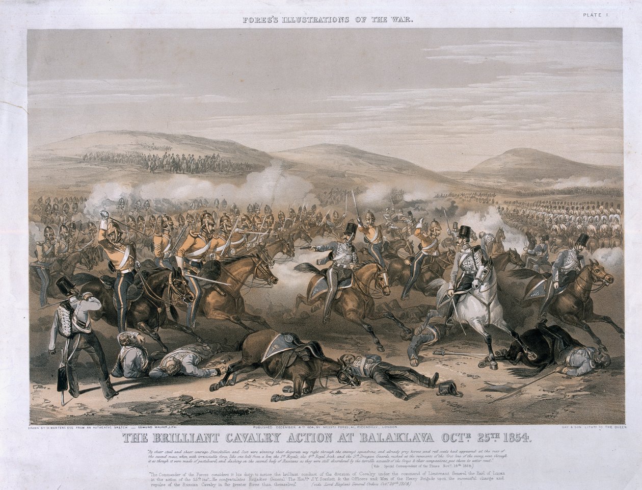 A briliáns lovassági akció a balaklavai csatában, 1854. október 25., metszette Edmund Walker, megjelent 1854-ben (színezett litográfia). alkotó: Henry Martens