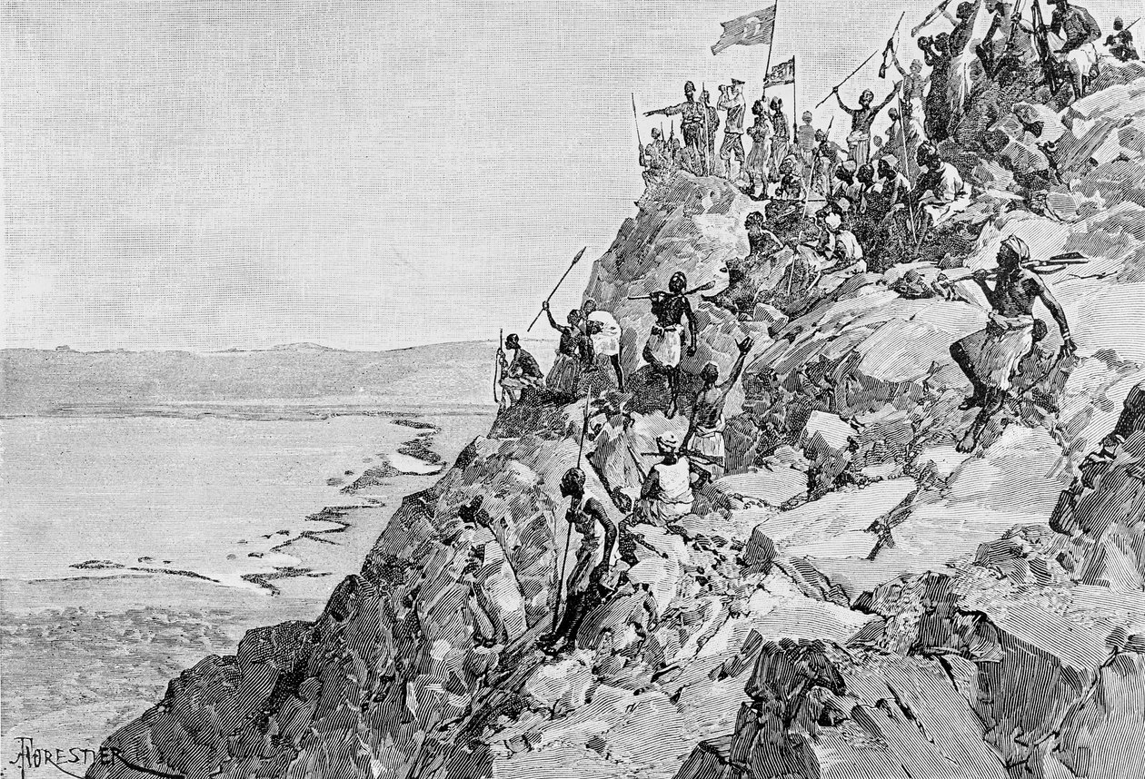 Az Albert Nyanza déli vége, 1887. december 13., az "In Darkest Africa, Vol: 1; or The Quest, Rescue and Retreat of Emin, Governor of Equatoria" (A legsötétebb Afrikában, 1. kötet; vagy Emin, Equatoria kormányzójának keresése, megmentése és visszavonulása)  alkotó: Henry Morton Stanley