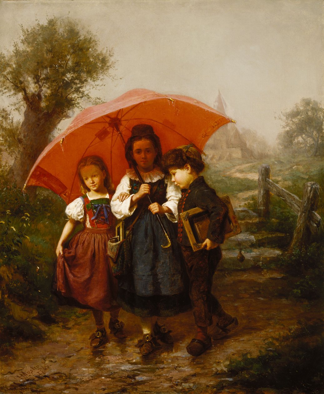 Gyerekek vörös esernyő alatt alkotó: Henry Mosler