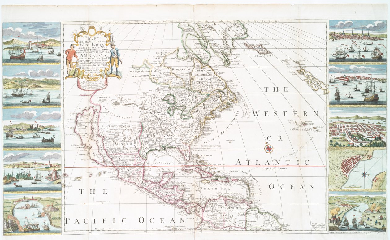 Nyugat-India kereskedelmi részének új és helyes térképe, 1741 (kézi színes nyomtatás) alkotó: Henry Overton