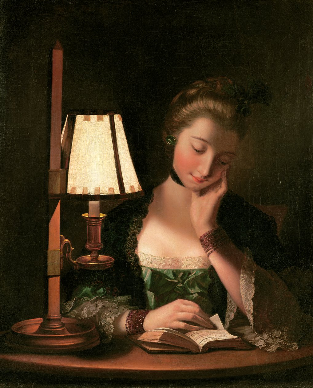 Nő olvasó papírharang árnyékoló mellett, 1766 alkotó: Henry Robert Morland