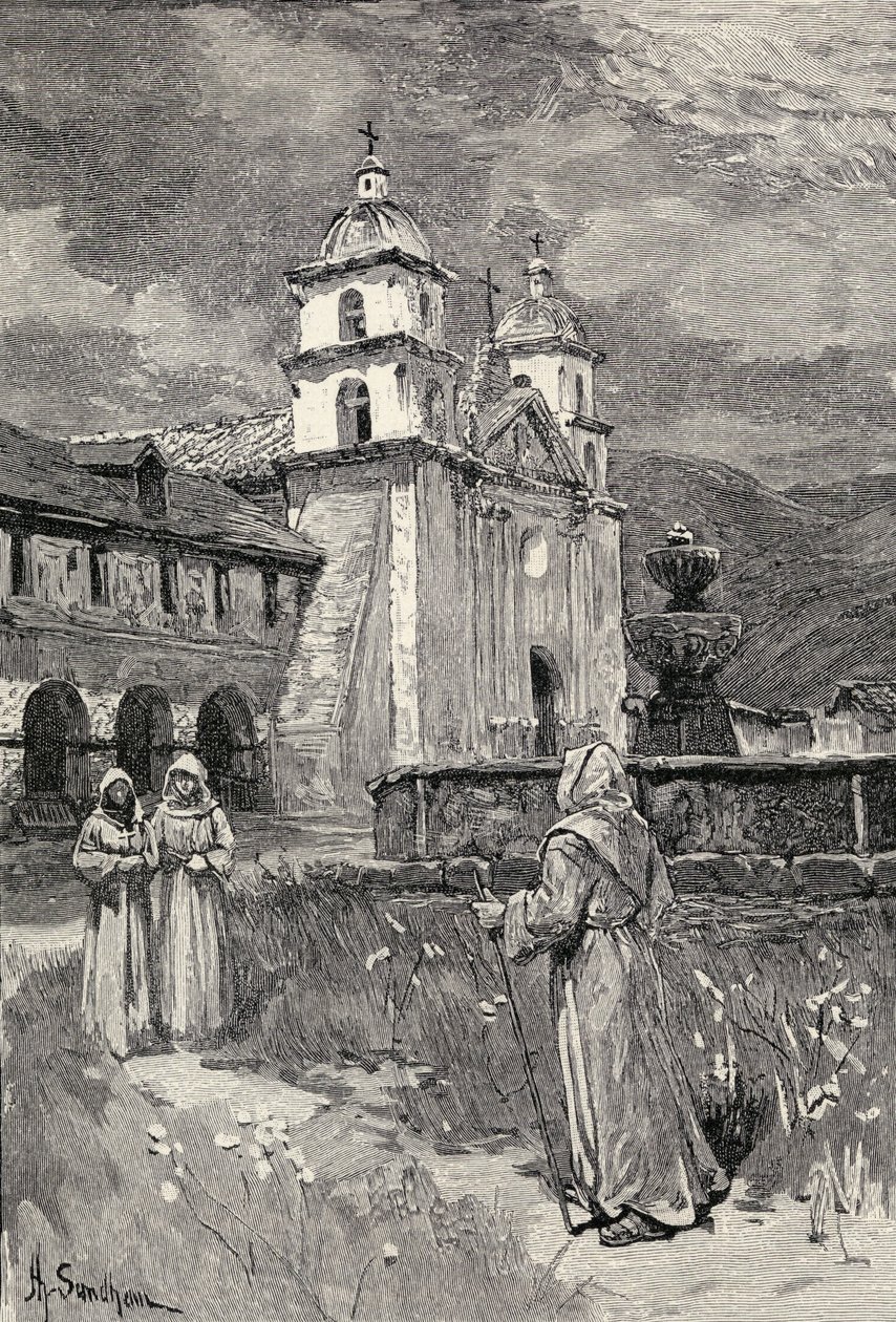 Szökőkút és küldetés, Santa Barbara, Kalifornia, a „The Century Illustrated Monthly Magazine”-ból, 1883. májustól októberig alkotó: Henry Sandham
