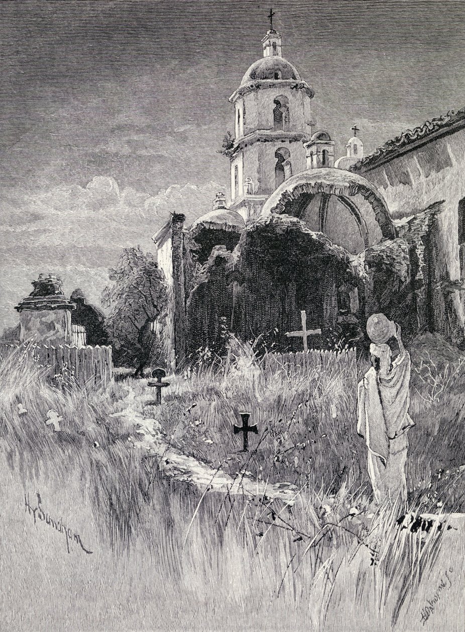 Temető és küldetés, San Luis Rey de Francia, Kalifornia, a „The Century Illustrated Monthly Magazine”-ból, 1883. május–október alkotó: Henry Sandham