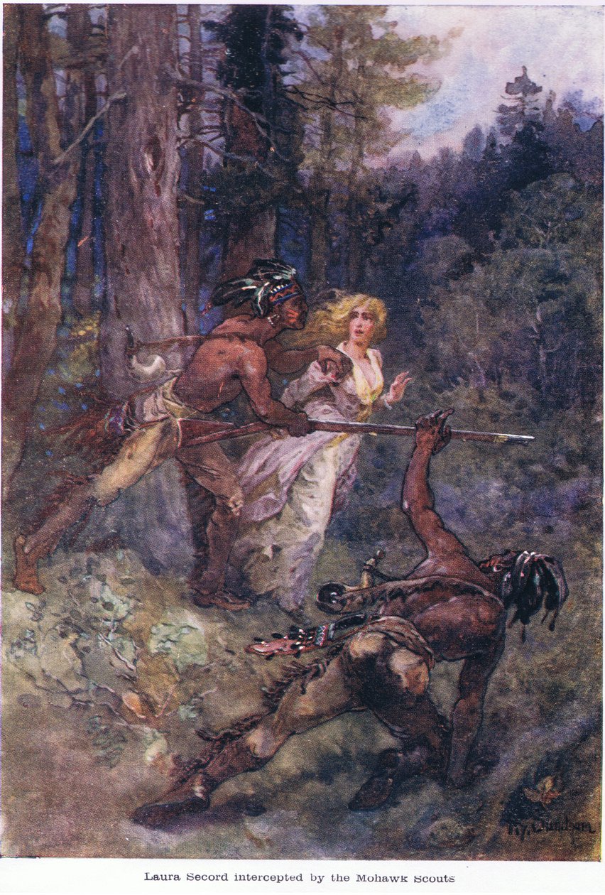 Laura Secordot elfogták a mohawk felderítők, 1920 körül alkotó: Henry Sandham