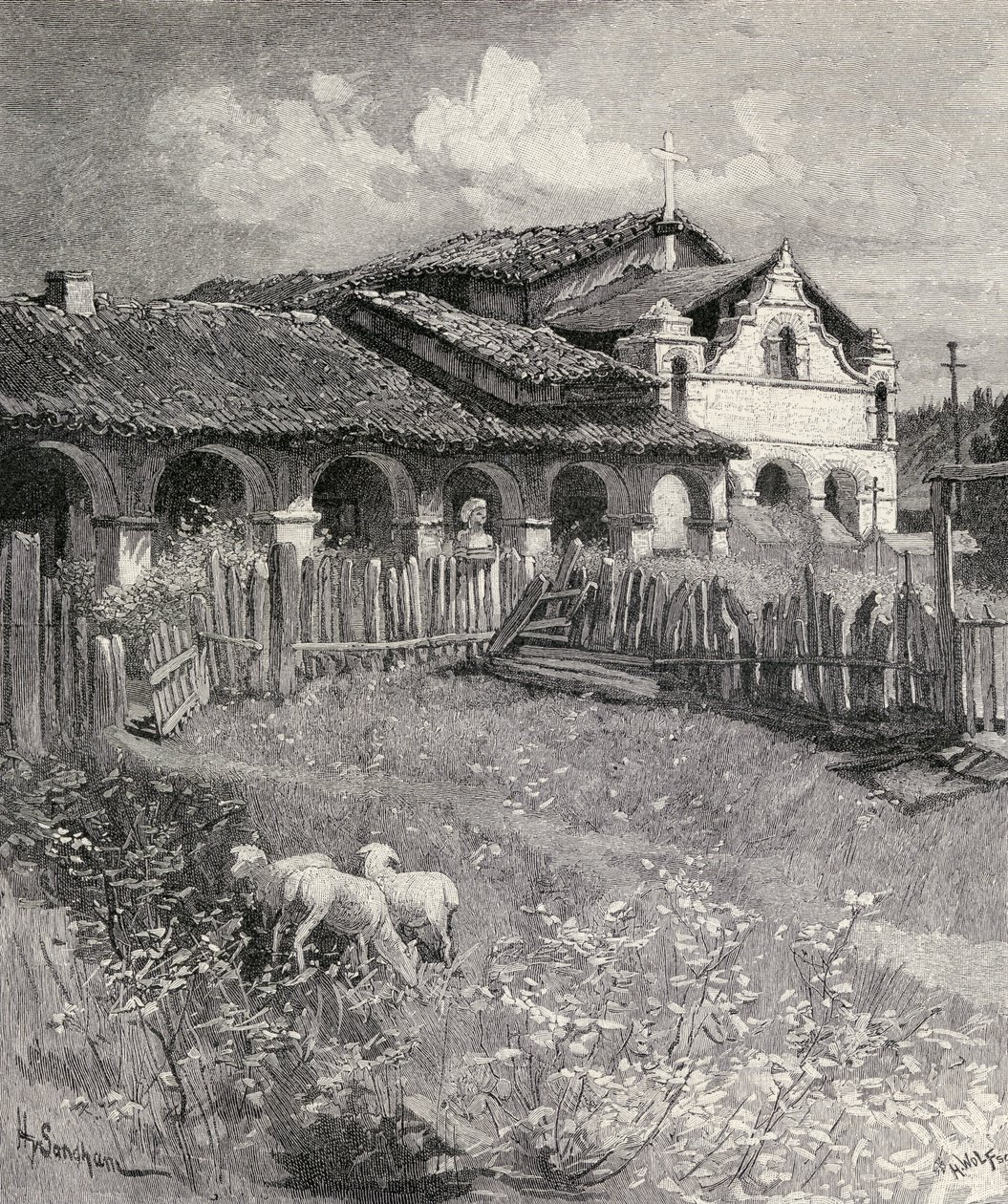 Mission San Antonio de Padua, Jolon, Kalifornia, a „The Century Illustrated Monthly Magazine”-ból, 1883. májustól októberig alkotó: Henry Sandham