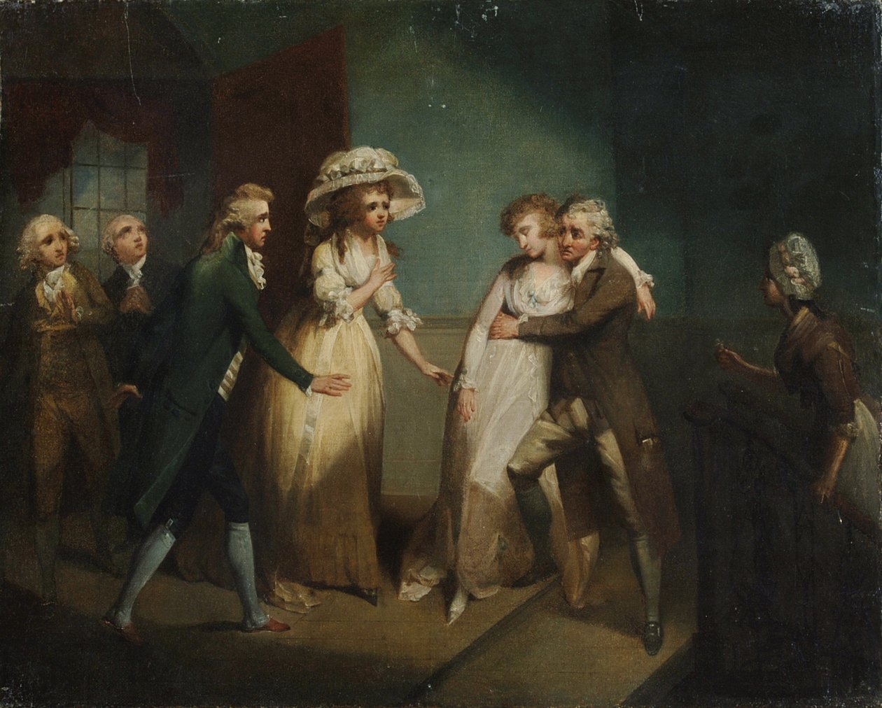Camilla ájultan fekszik apja karjaiban, illusztráció a "Camilla", avagy "A Picture of Youth" című, 1796-ban megjelent kötet egyik jelenetéhez. alkotó: Henry Singleton