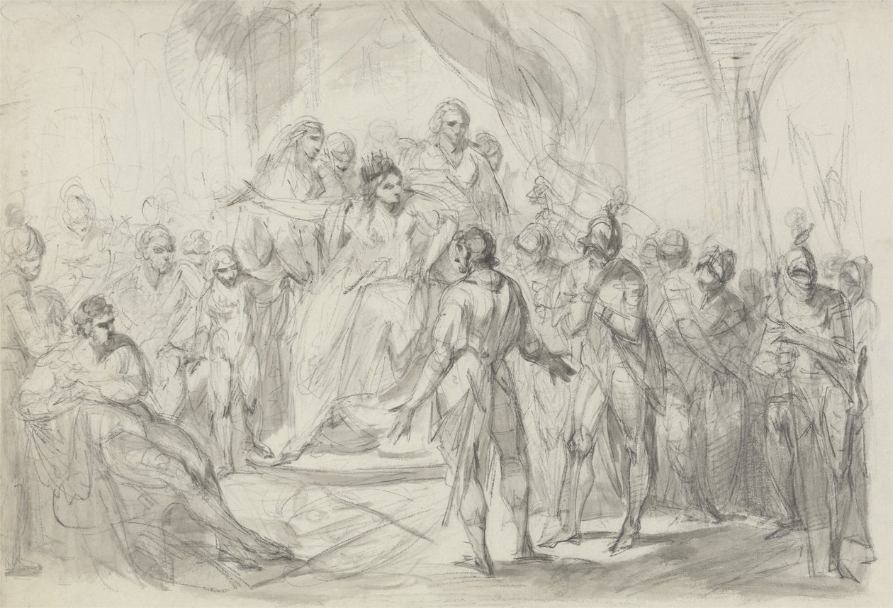 István foglyot hozott Mathilda császárnőnek (fekete kréta és szürke mosás a papíron) alkotó: Henry Singleton