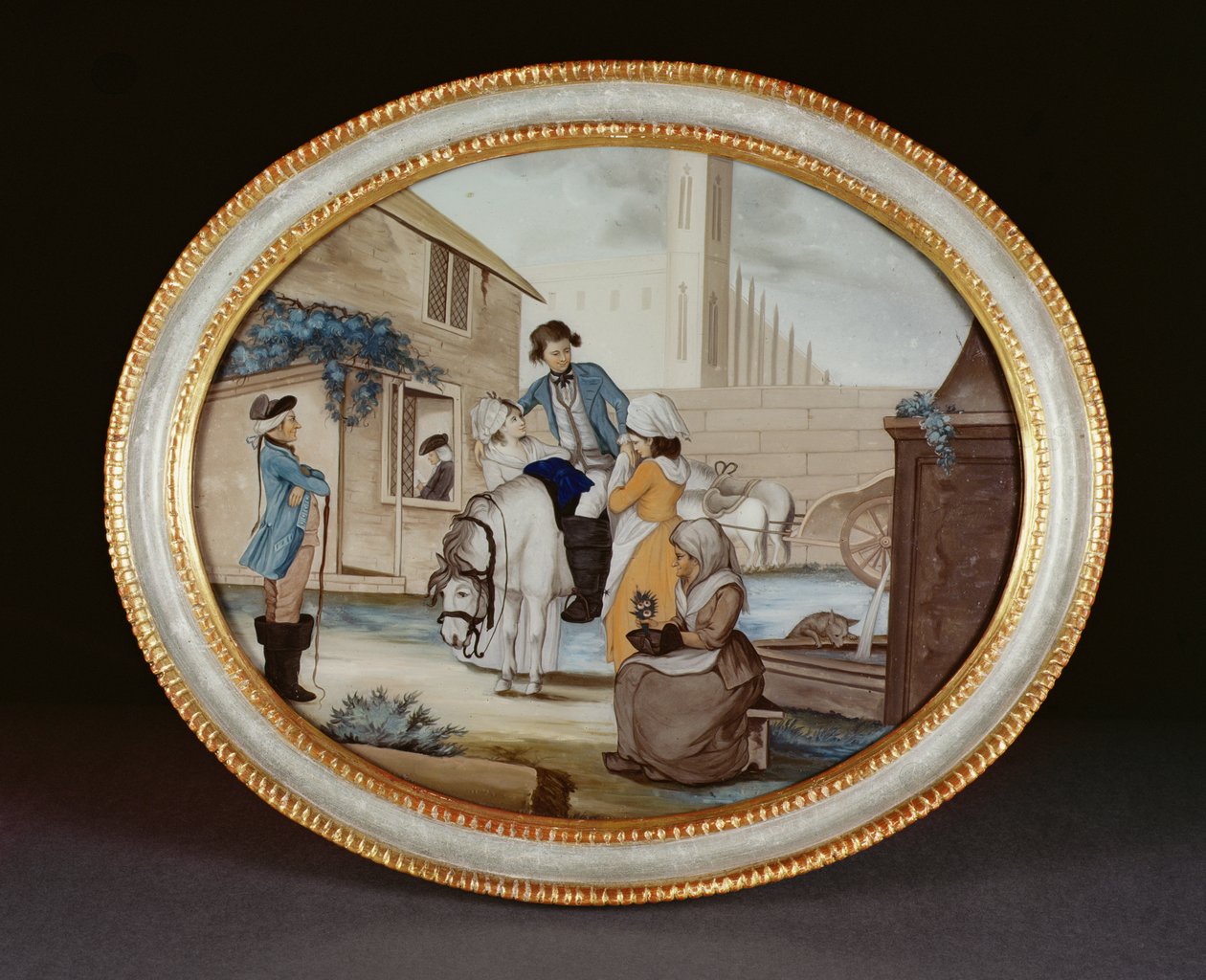 Fordított üvegfestmény, amely egy búcsúi jelenetet mutat be egy kocsmán kívül, Qianlong időszak (1736-95) 1790 körül (üveg) alkotó: Henry W. Banbury