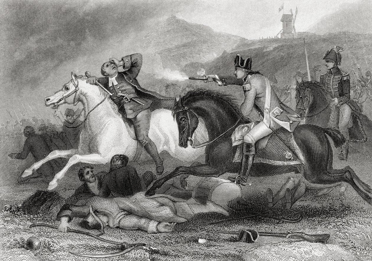 A lázadók vezetőjét, Clinch atyát a Vinegar Hill-i csatában lőtték le 1798-ban, Enniscorthy, Wexford megye, Írország, Thomas Wright „Írország története” című könyvéből, amely 1854 körül jelent meg. alkotó: Henry Warren