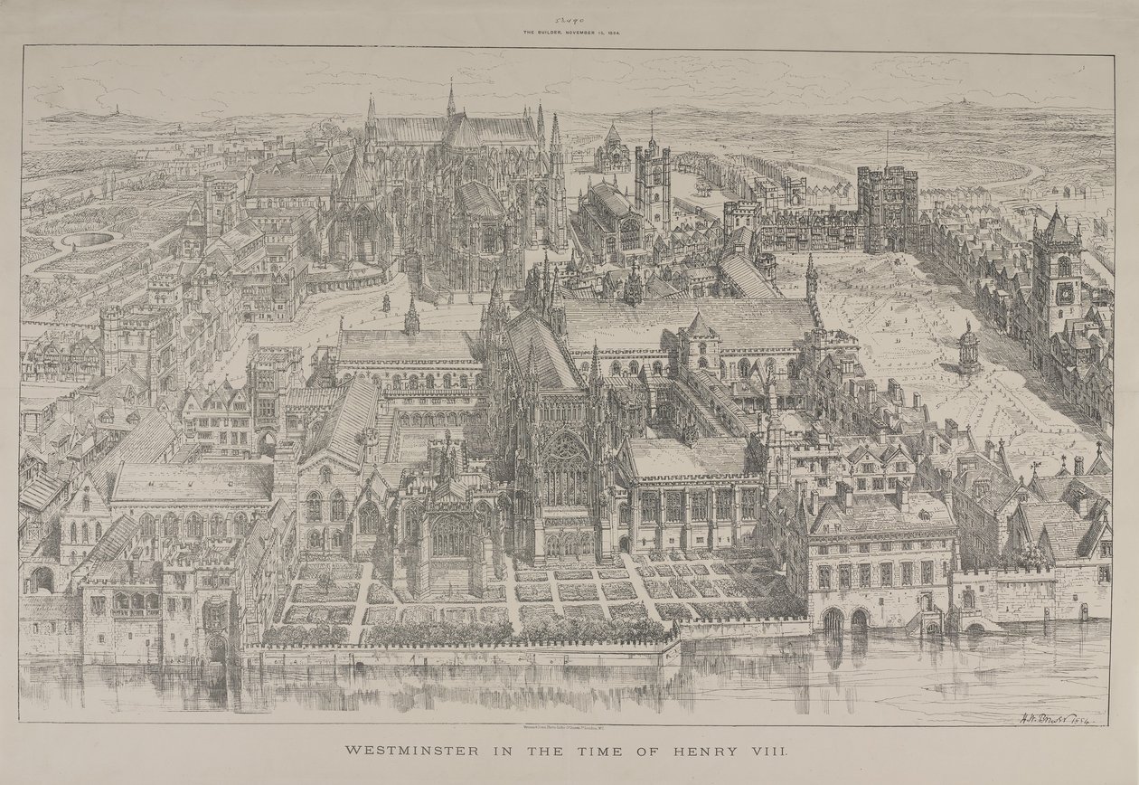 A Westminster Abbey és a Westminsteri Palota légi felvétele VIII. Henrik idejében, 1884 alkotó: Henry William Brewer