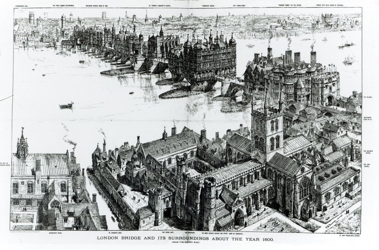 A London Bridge és környéke körülbelül 1600-ban, az „Old London Illustrated, a Series of Drawings illustrating London in the XVIth Century” című rajzból, 1884 alkotó: Henry William Brewer