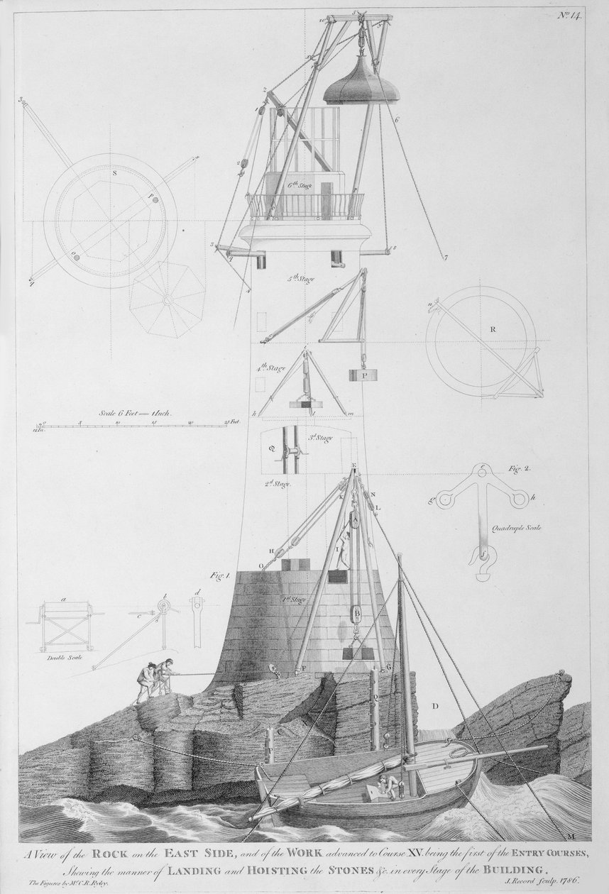 Eddystone világítótorony, amelyet John Record vésett (fl.1768-86), 1786 alkotó: Henry Winstanley