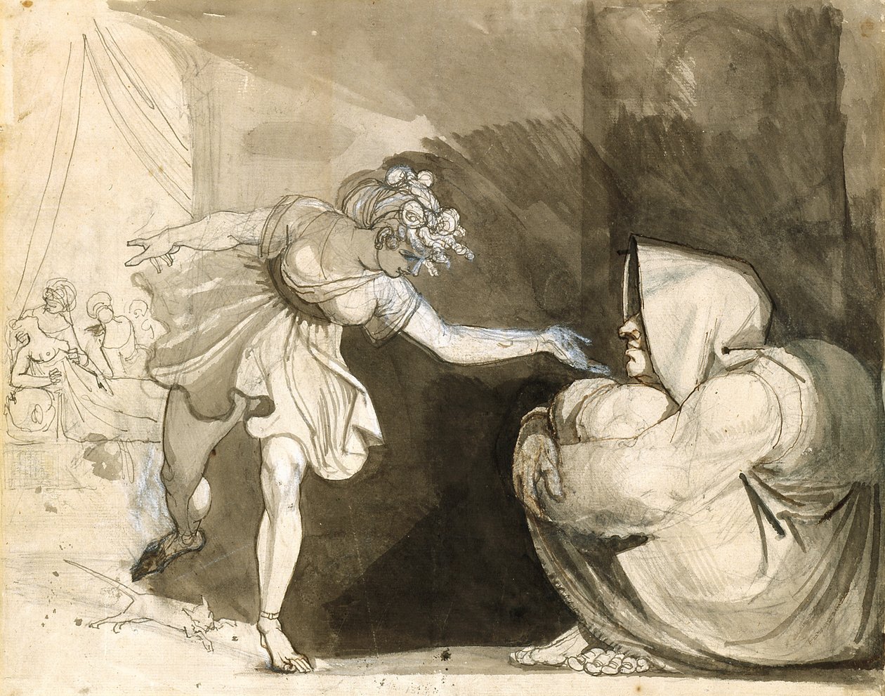Galinthias túlszárnyalja Eileithyiát azzal, hogy bejelenti Héraklész születését (Versó: Mrs. Fuseli portréja) (grafit-, tinta- és tintamosások fehérrel megerősítve, fehér fektetett papíron) alkotó: Henry (1741 1825) Fuseli