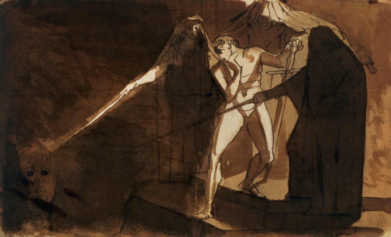 Macbeth és a három boszorkány megmutatja neki a fegyveres fejét (akvarell) alkotó: Johann Heinrich Füssli