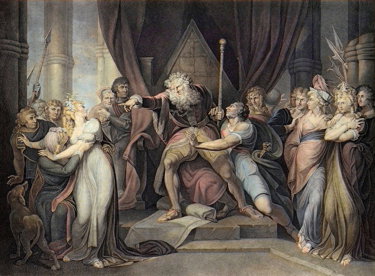 Shakespeare - Lear király - Lear király - I. felvonás I. jelenet - Lear király kiűzi lányát, Cordeliát - metszet Henry Fuseli nyomán alkotó: Henry  Fuseli
