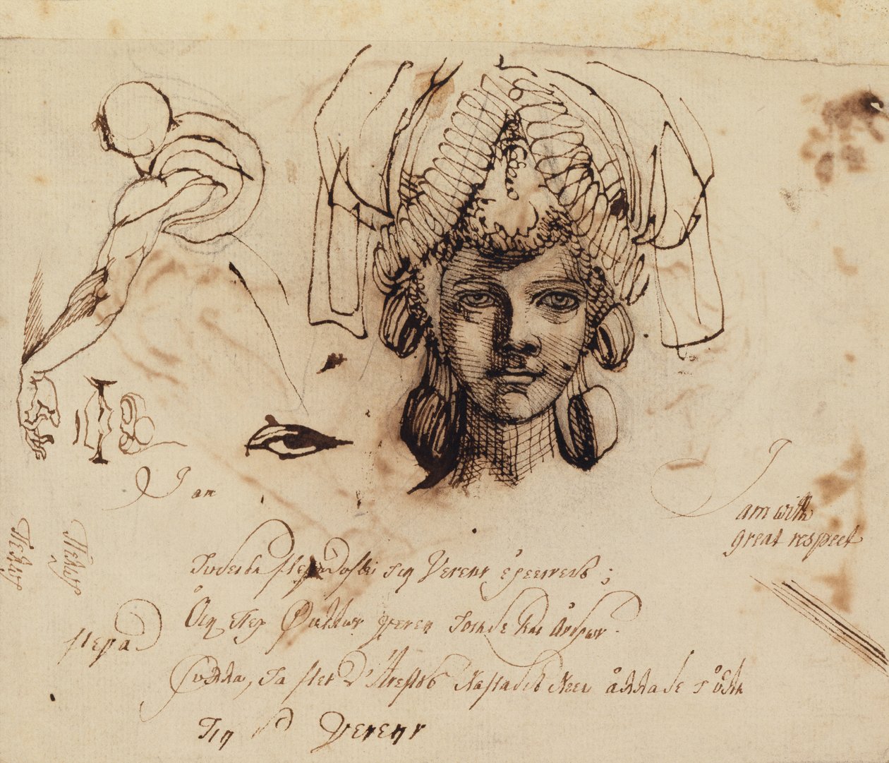 Mrs. Fuseli kidolgozott fejdíszt visel, és tanulmányozza a szemet, a szájat és a törzset (toll és tinta) alkotó: Johann Heinrich Füssli