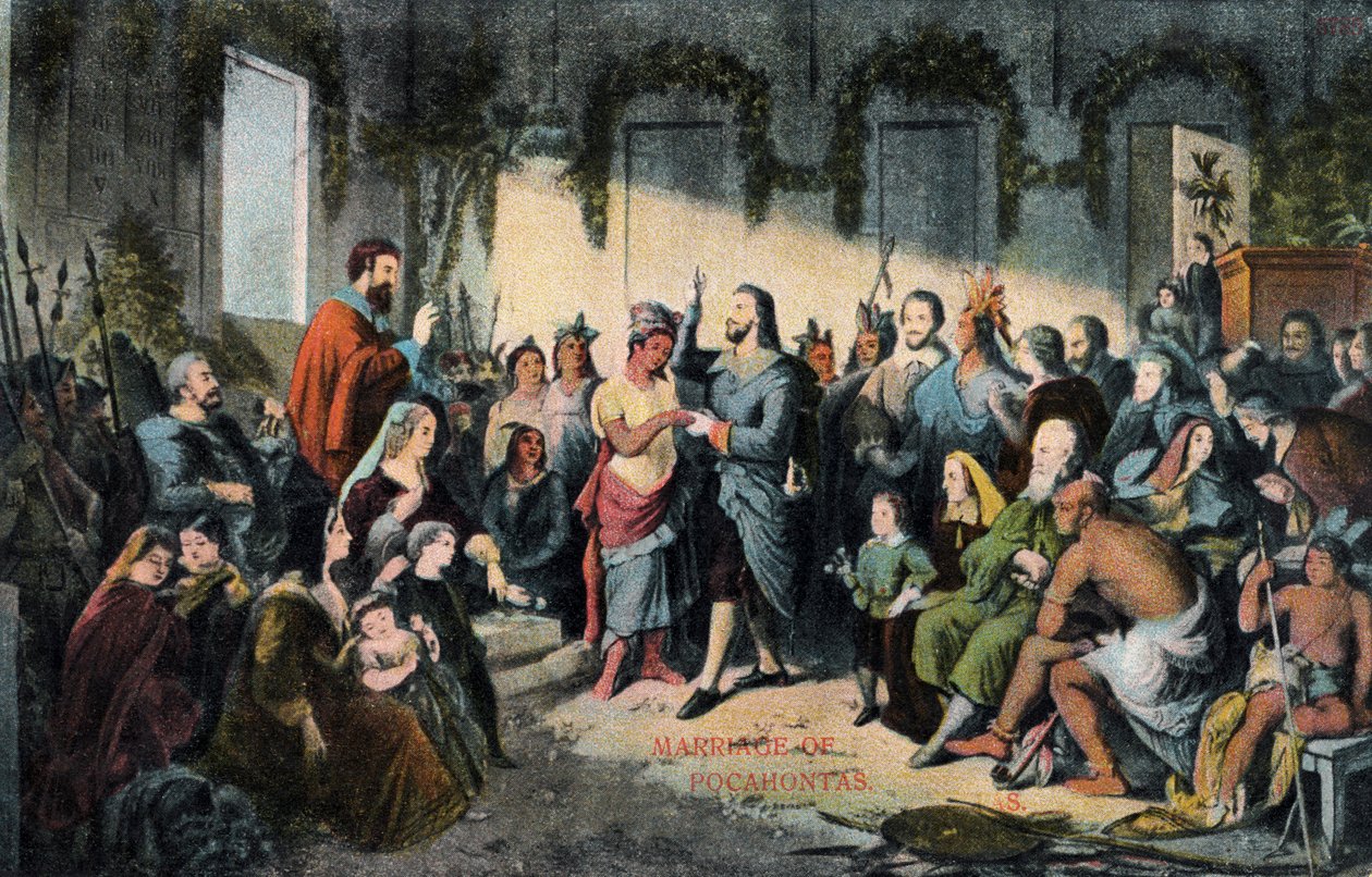 Pocahontas és John Rolfe házassága 1614-ben Jamestownban. alkotó: Henry (after) Brueckner