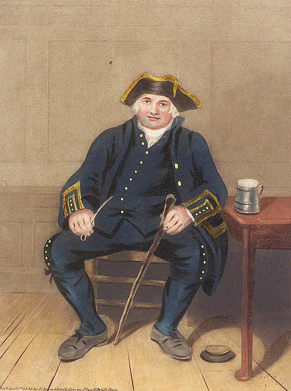 Greenwichi nyugdíjas portréja, ülve, agyagpipával és korsóval (akvatinta) alkotó: Henry (after) Dawe