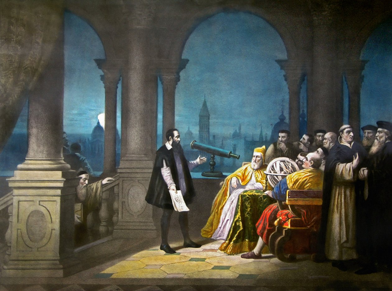 Galileo Galilei bemutatja távcsövét Leonardo Donato, Velence dózse és a velencei szenátus előtt 1609-ben, 1900 körül (lithó) alkotó: Henry (after) Detouche