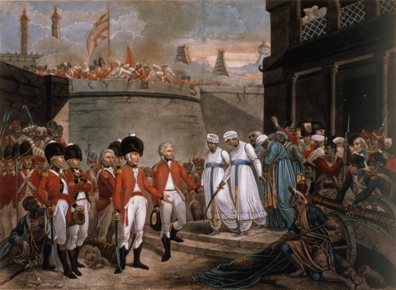 Tippoo Sahib (1749-99) két fiának átadása túszként a Nagy-Britannia elleni háború jóvátételeként alkotó: Henry (after) Singleton
