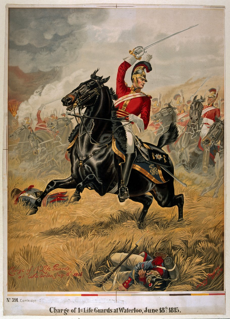 The Charge of the 1st Life Guards at Waterloo, megjelent 1890 körül (chromolitho) alkotó: Henry A. Payne