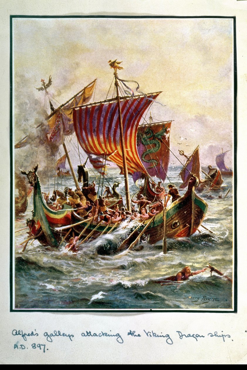 Alfréd gályái megtámadják a viking sárkányhajókat, Kr. u. 897, illusztráció a "Hutchison