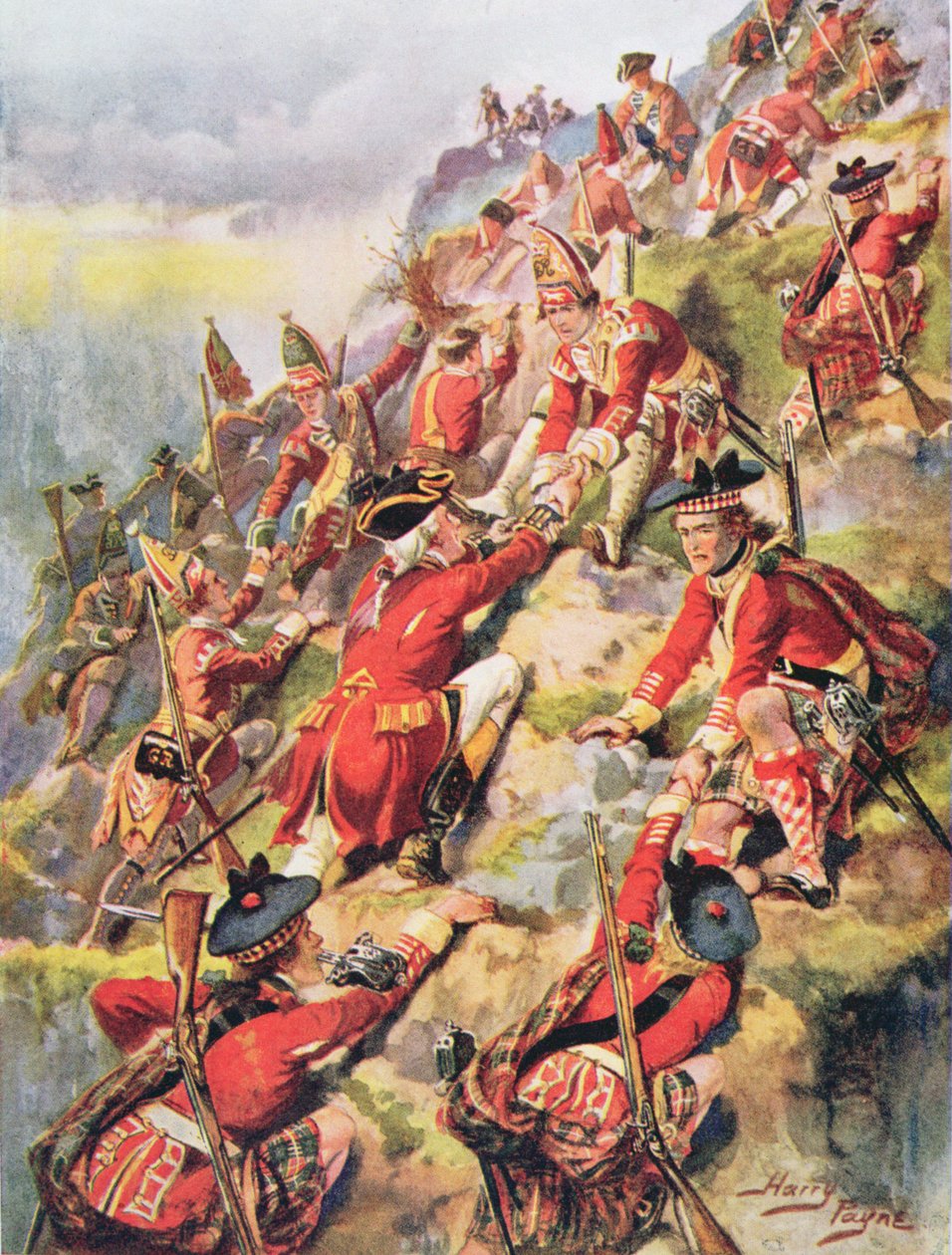 Scaling the Heights of Abraham, illusztráció az angol történelem dicsőséges csatáiból, C.H. Wylly, 1920-as évek alkotó: Henry A. Payne