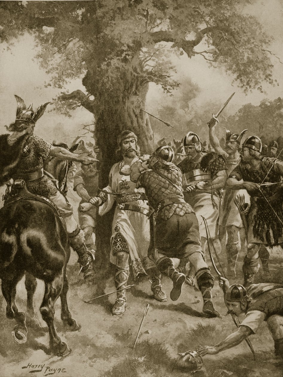 St. Edmund megölte a dánok, i.sz. 870, illusztráció a „Hutchinson története a brit nemzetről” című könyvéből, 1920 körül alkotó: Henry A. Payne