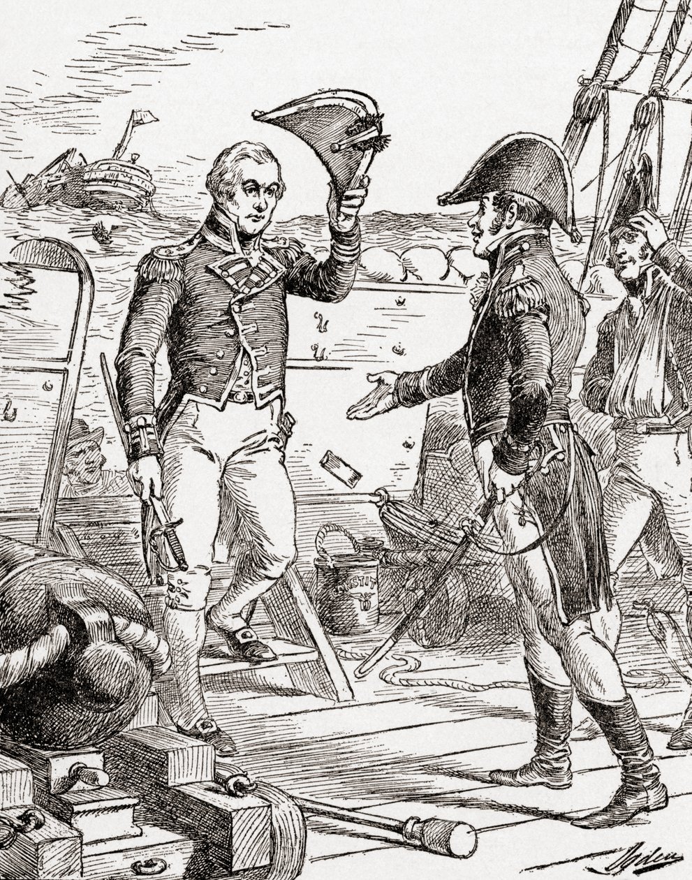 Dacres kapitány a HMS Guerriere-től megadja magát, és kardját kínálja Hull kapitánynak a USS Constitution fedélzetén, miután az 1812-es háború alatt elszenvedett vereséget, az Országunk története című könyvből, 19. alkotó: Henry Alexander Ogden