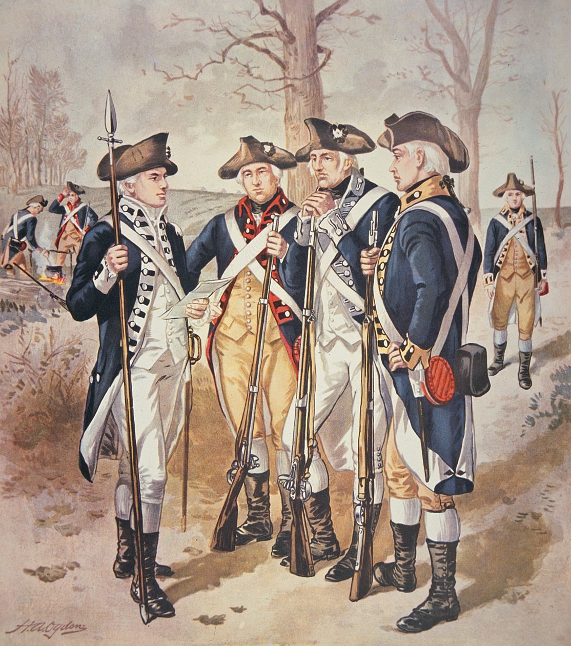 Az 1779-83-as (amerikai) kontinentális hadsereg gyalogsági egyenruhái (akvarell papíron) alkotó: Henry Alexander Ogden