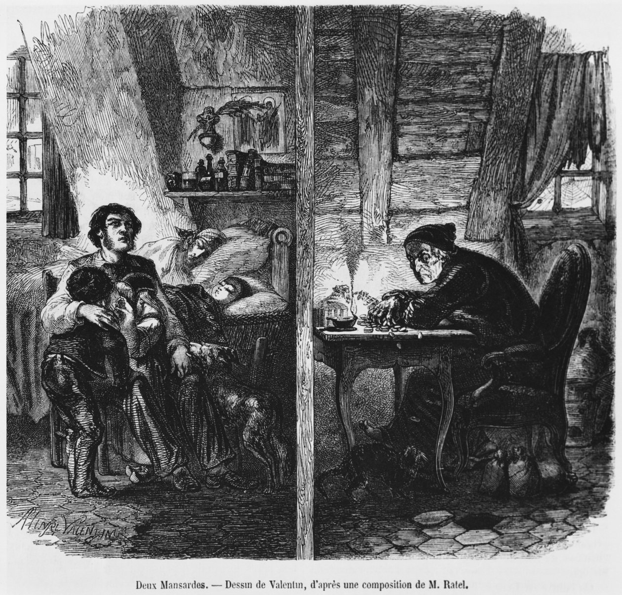 Két tetőtér, illusztráció a „Le Magasin Pittoresque”-ből, Párizs, 1855 alkotó: Henry Augustin Valentin