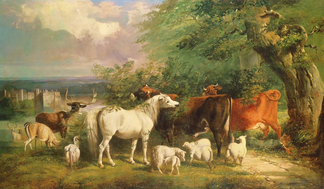 Haddon Hall juhokkal, szarvasmarhákkal, szarvassal és pónival alkotó: Henry Barraud