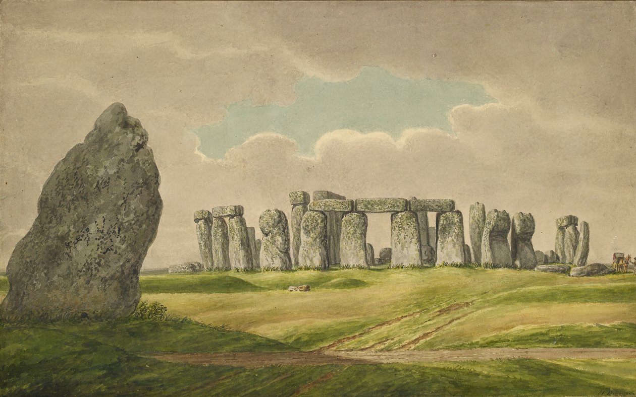 Stonehenge az ÉK-ből, romokkal és sarokkővel, szekérrel, lóval, személlyel, 1824-1839 alkotó: Henry Browne