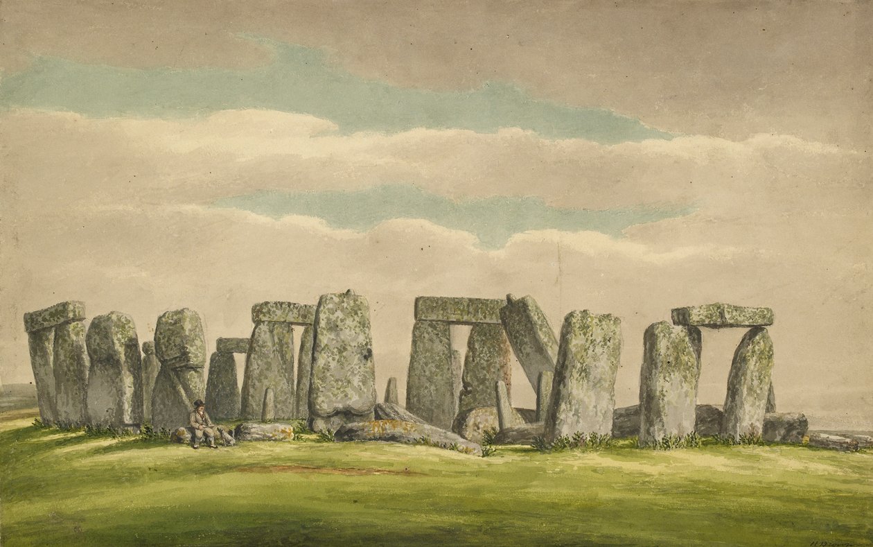 Stonehenge az északnyugatról, romokat mutat be emberrel és kutyával, 1824-1839 alkotó: Henry Browne