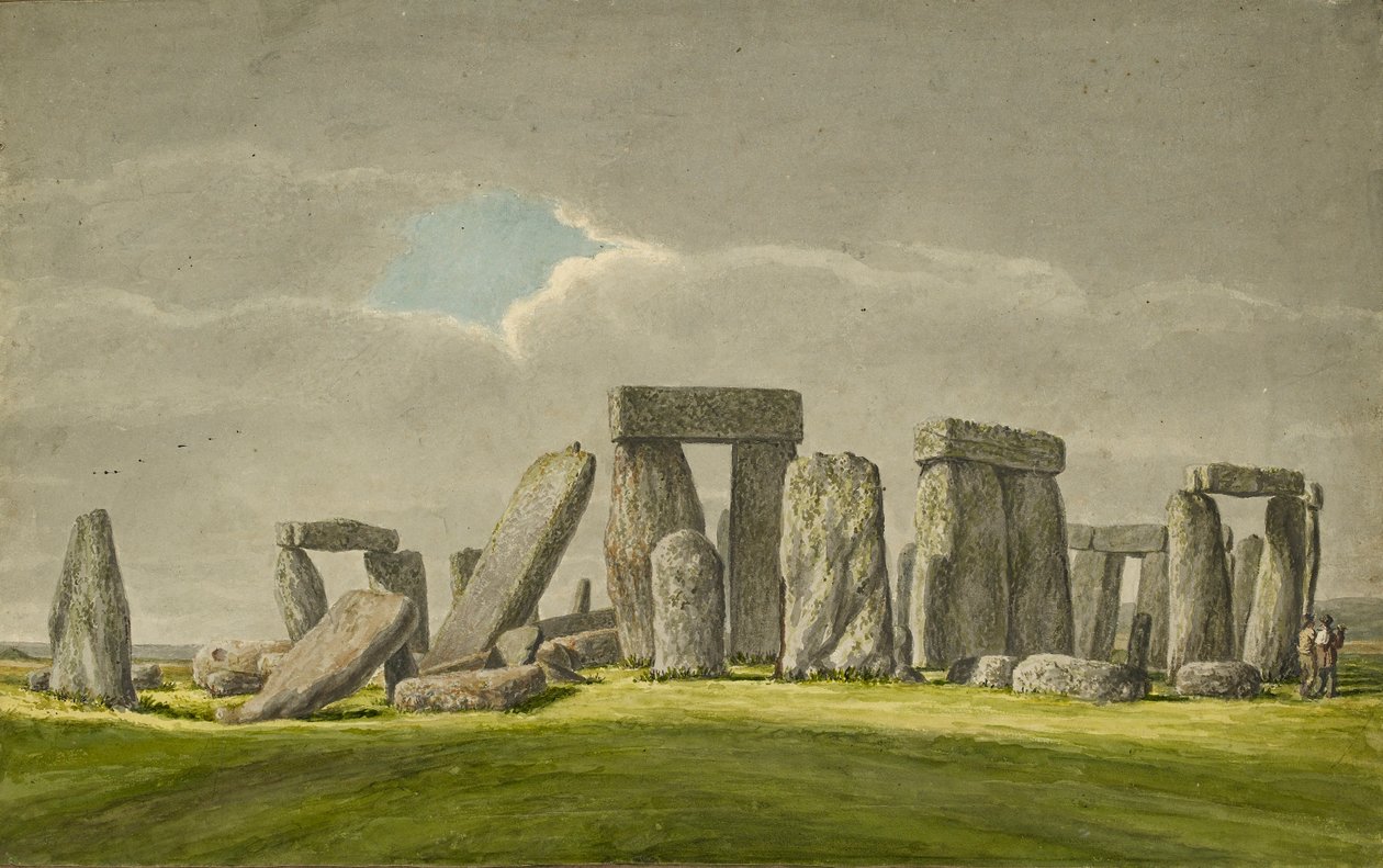 Stonehenge a délkeleti vidékről, romos állapotú kövekkel, 2 látogatóval, 1824-1839 alkotó: Henry Browne