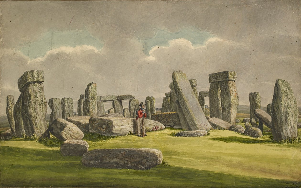 Stonehenge a nyugati délnyugatról, romokat mutat be katonával, 1824-1839 alkotó: Henry Browne