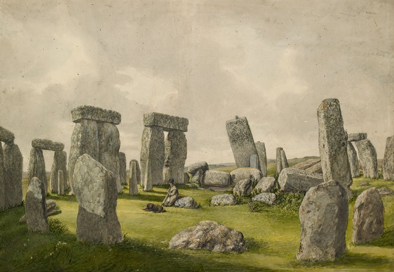 Stonehenge belseje jelenlegi állapotában, kövek, ember és kutya belsejét ábrázolva, 1824-1839 alkotó: Henry Browne