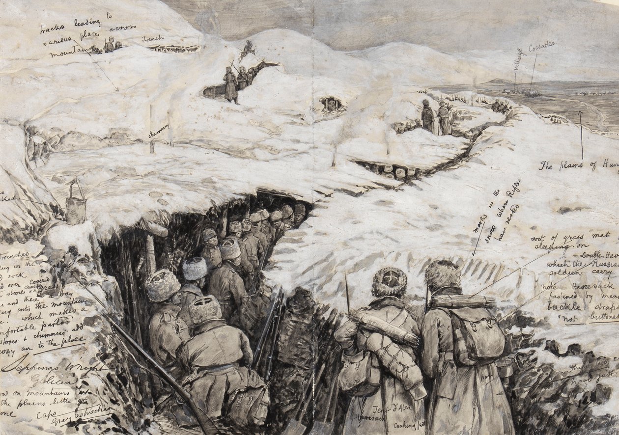 Galícia, orosz csapatok havas dombokon, 1916. március 13. (tinta és gouache papíron) alkotó: Henry Charles Seppings Wright