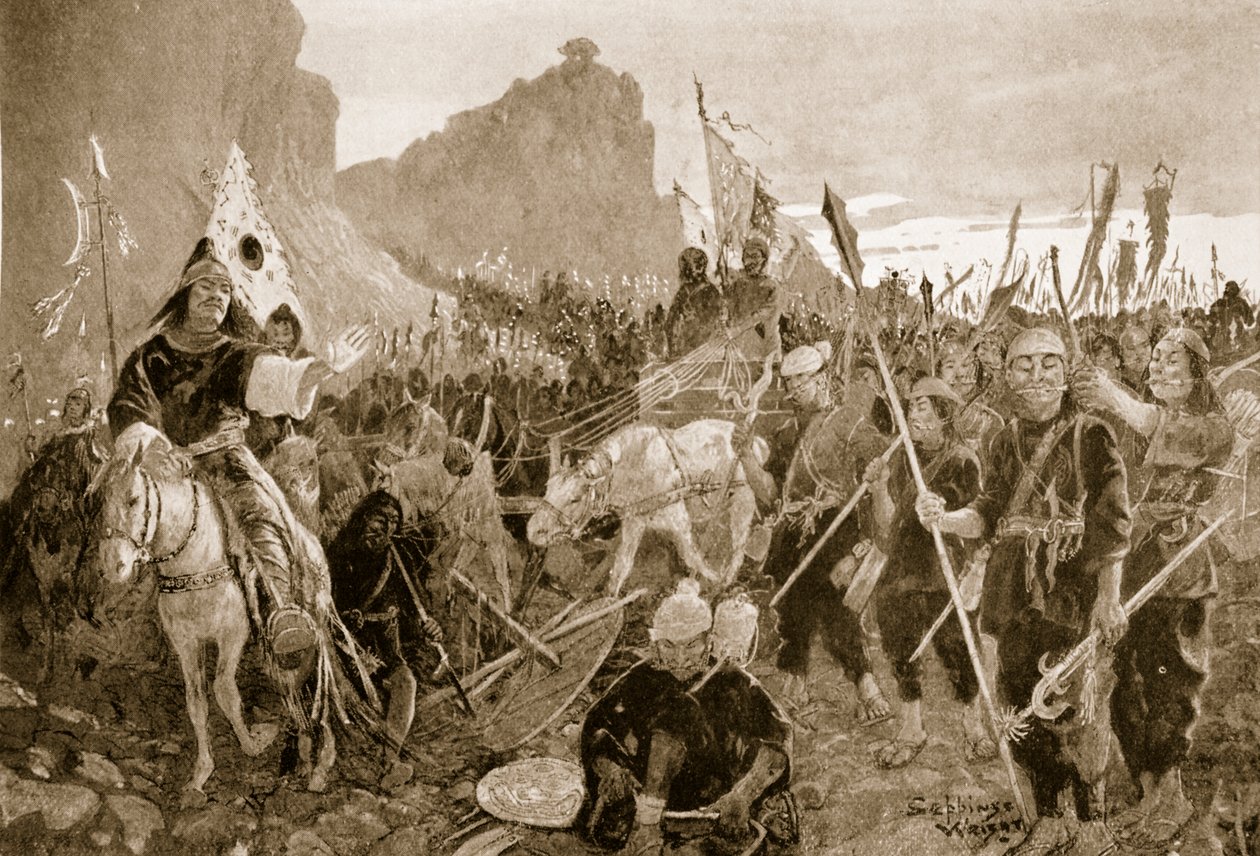 Katonák „falatokkal” a szájukban, illusztráció a „Hutchinsons History of the Nations” című könyvéből, 1920 körül alkotó: Henry Charles Seppings Wright