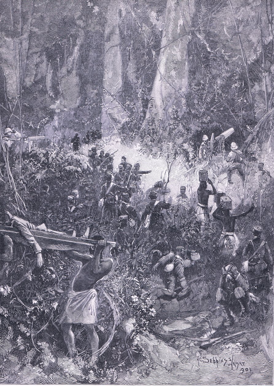 Az Ashanti háború 1900: Harc az erdőben, illusztráció Cassells Anglia története, 1900-as évek alkotó: Henry Charles Seppings Wright