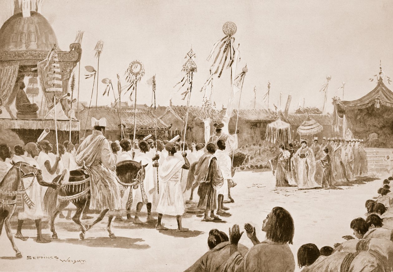 Fa Hsien visszatérése, illusztráció a "Hutchinsons History of the Nations" című könyvből, 1910 körül. alkotó: Henry Charles Seppings Wright
