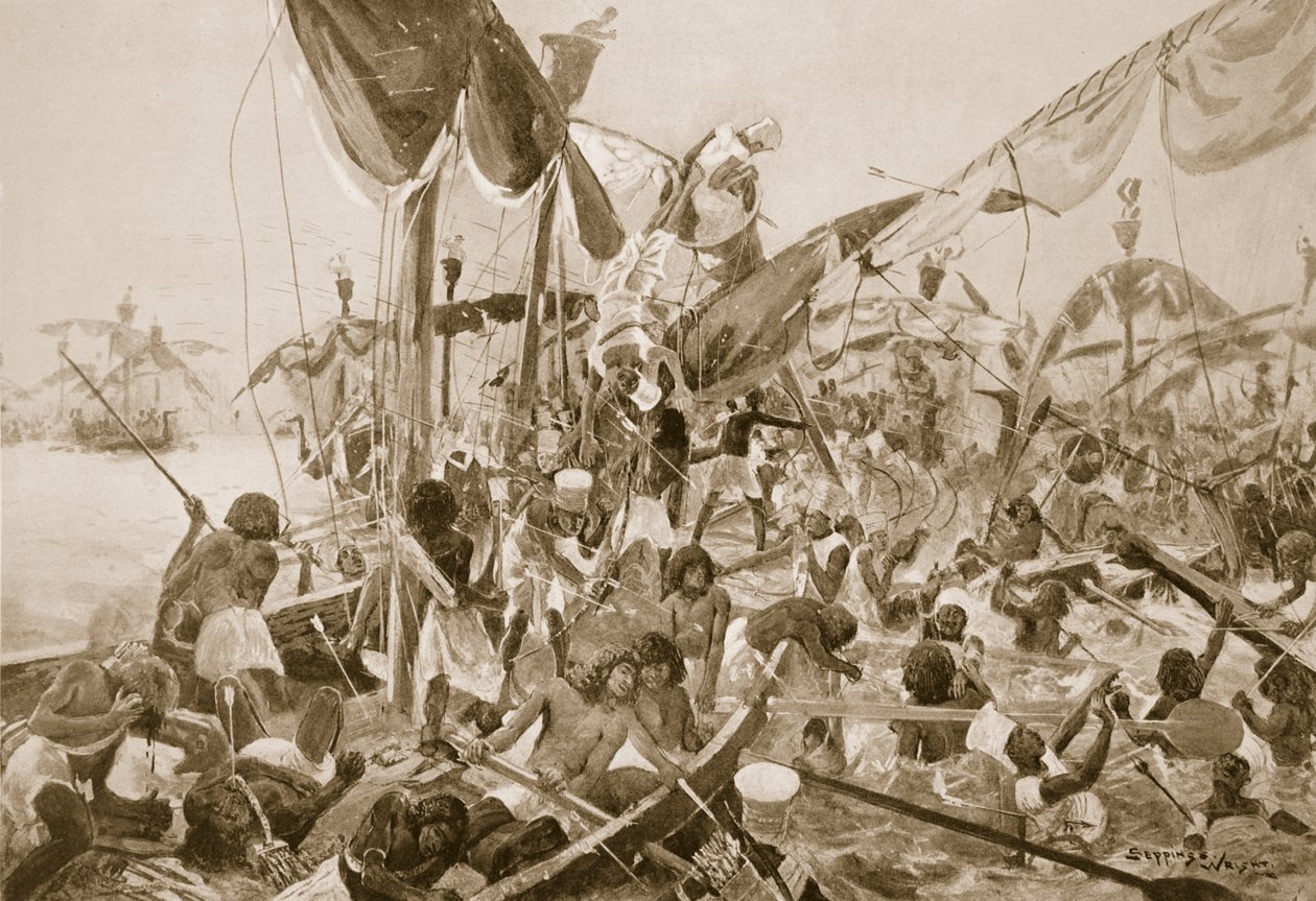 The Sea Fight at Pelusium, illusztráció a „Hutchinsons History of the Nations” című művéből, 1910 körül alkotó: Henry Charles Seppings Wright