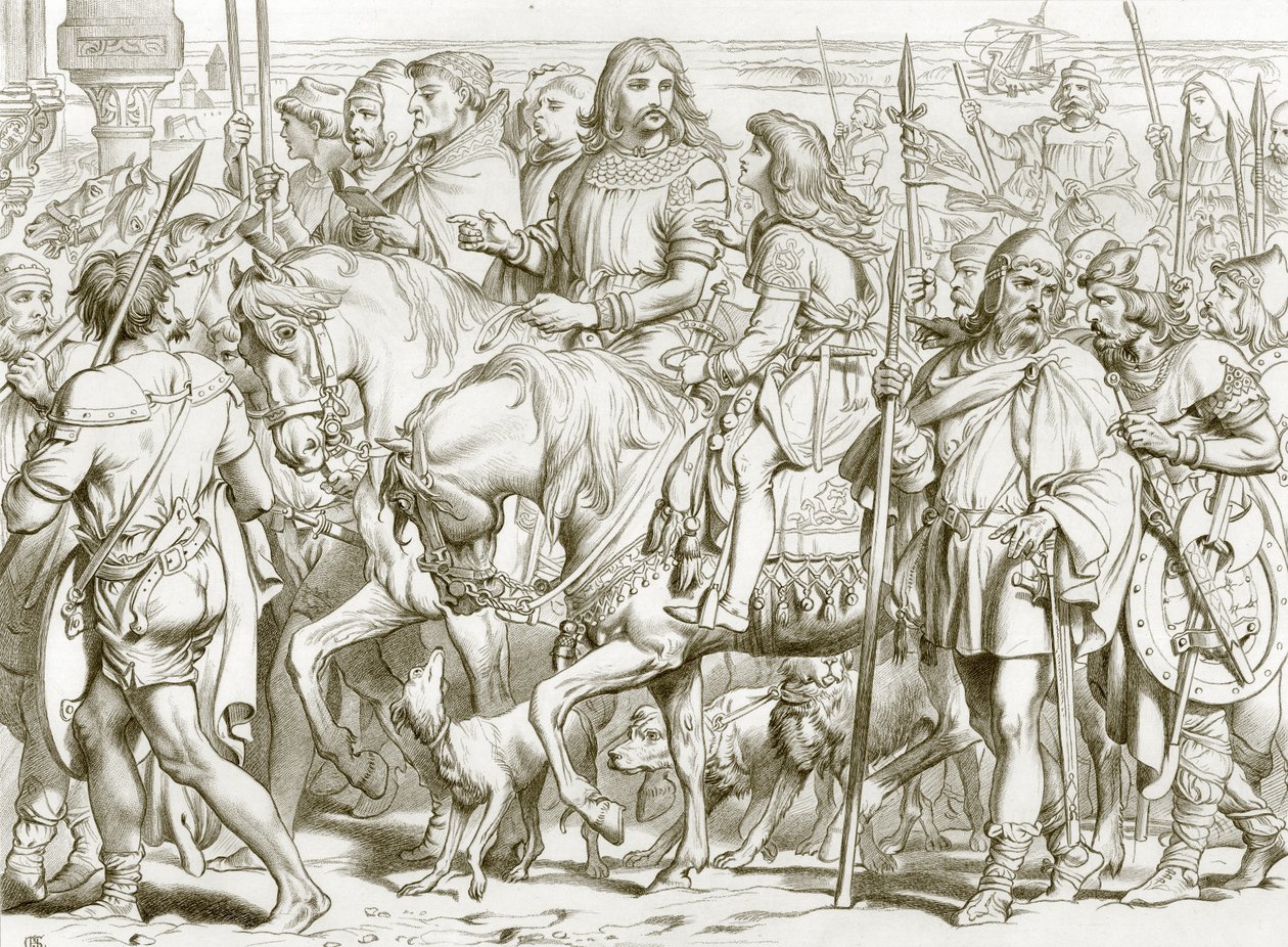 Hereward belép Szent Bertin felszentelt erődjébe (metszet) alkotó: Henry Courtney (after) Selous